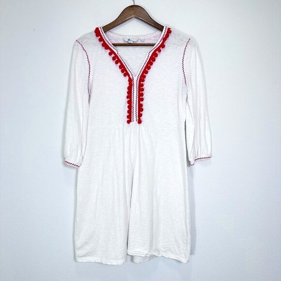 Boden Carina Jersey Tunic Dress Coverup White Red Pom Pom Preppy Beach Size 8L - Picture 1 of 6